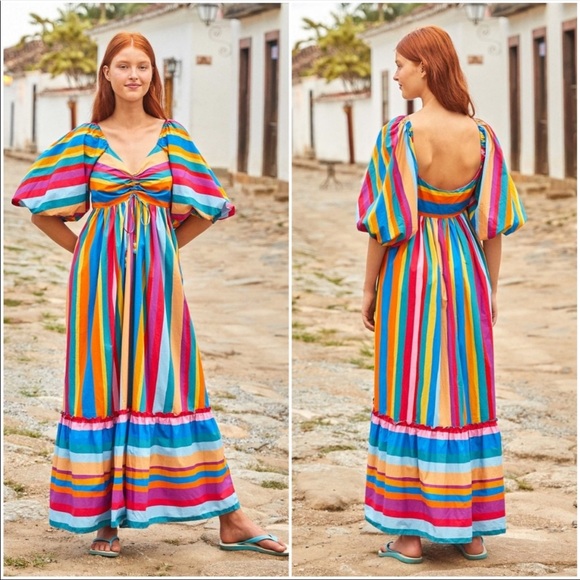 Farm Rio Striped Scarf Maxi Ruffled Rainbow Balloon Sleeve Maxi Dress Sz. S - Picture 2 of 9